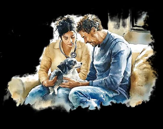 Veterinarian with a pet owner comforting their dog at home
