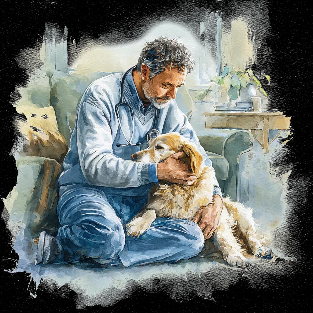Veterinarian sitting with a golden retriever during a gentle at-home visit